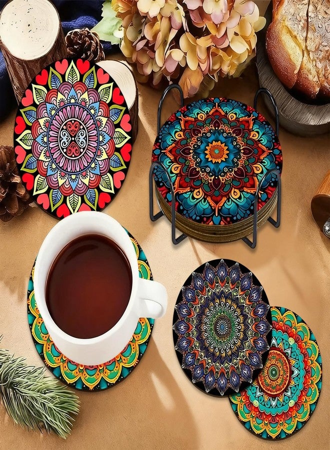 IIDEA Set of 6 Wood Coasters with Holder,Mandala Diamond Art Wooden Coasters for Table Protection Absorbent Drink Cup Cork Base Farmhouse Housewarming Gifts,Heat-Resistant - Image 4
